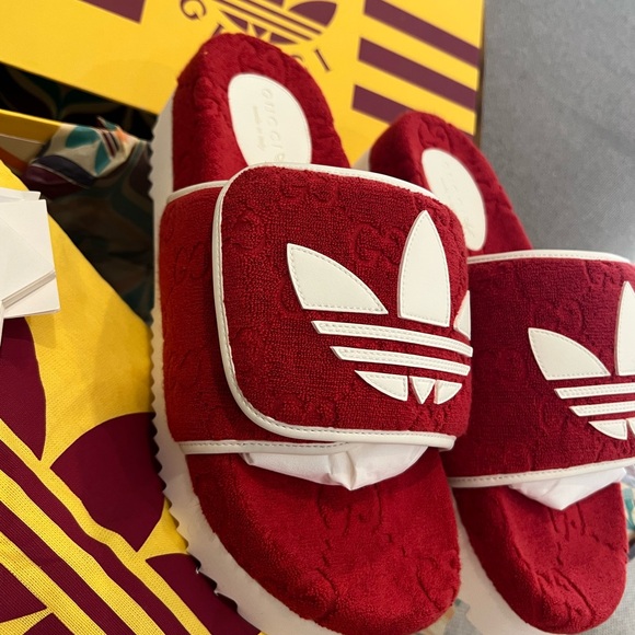 NEW Gucci x Adidas GG monogram red logo slide sandals - Picture 5 of 12